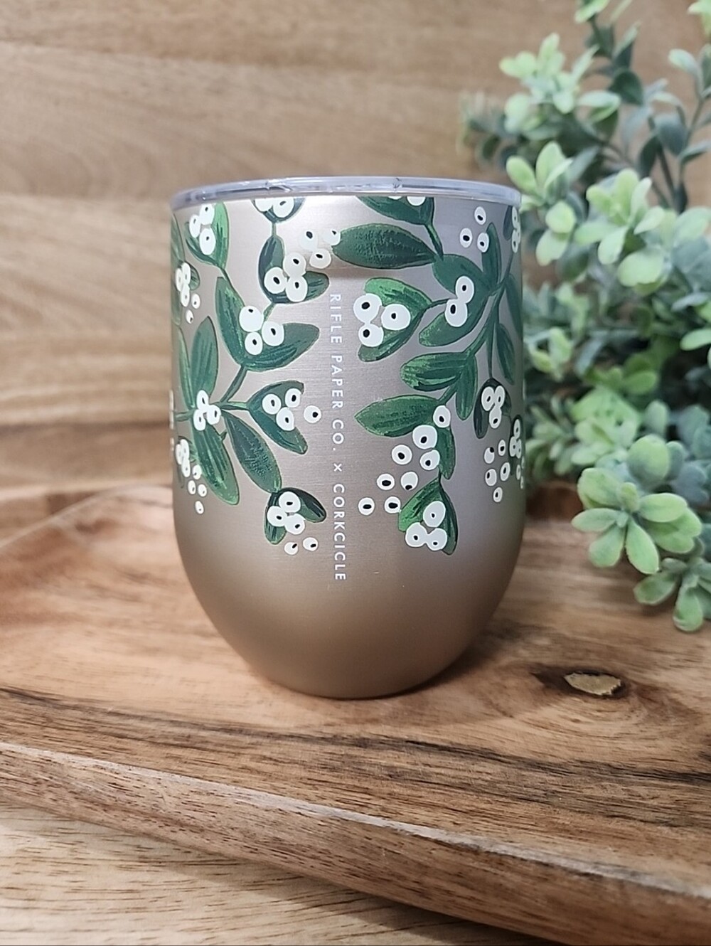 Rifle Paper Co. x Corkcicle Mistletoe 12oz Stemless Wine Gold Holiday Tumbler
